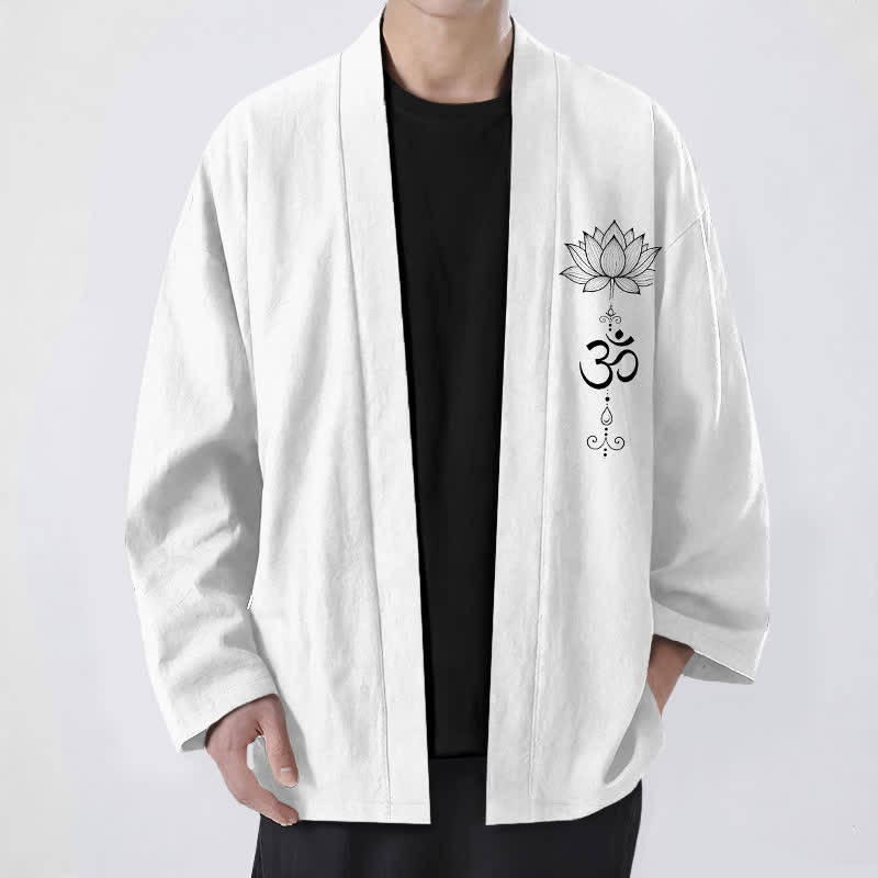Buddha Stones Kimono pour homme en coton à motif lotus zen, ouvert sur le devant - Blanc - US/UK/AU48，EU58 (4XL) - image 9