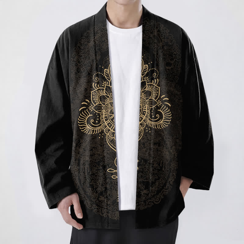Buddha Stones Kimono pour homme en coton à motif floral symétrique mandala, ouvert sur le devant - Noir - US/UK/AU48，EU58 (4XL) - image 0