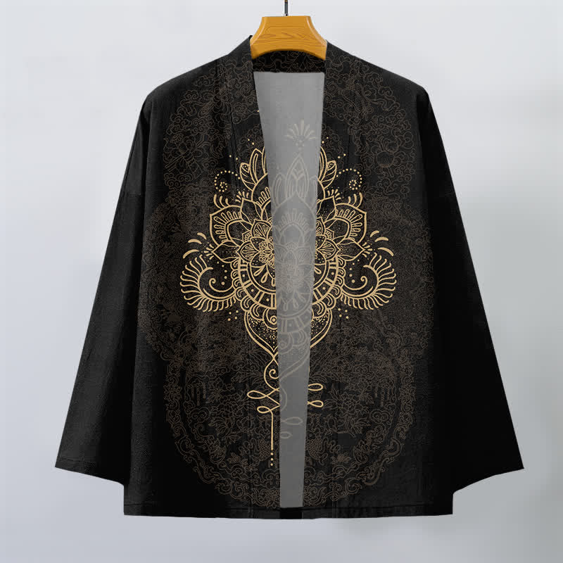 Buddha Stones Kimono pour homme en coton à motif floral symétrique mandala, ouvert sur le devant - image 1