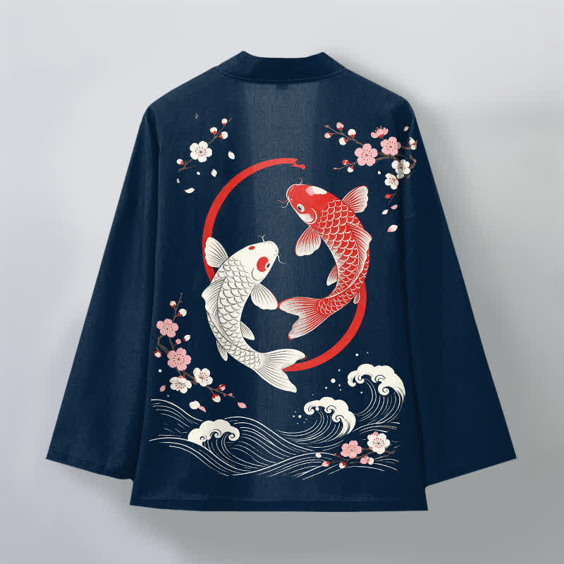 Buddha Stones Kimono pour homme en coton à motif de vagues de sakura et de carpes koï jumelées, ouvert sur le devant - image 2