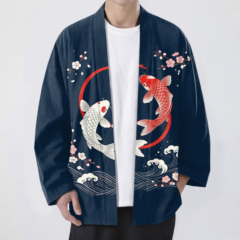 Buddha Stones Kimono pour homme en coton à motif de vagues de sakura et de carpes koï jumelées, ouvert sur le devant - Marine - US/UK/AU48，EU58 (4XL) - image 0