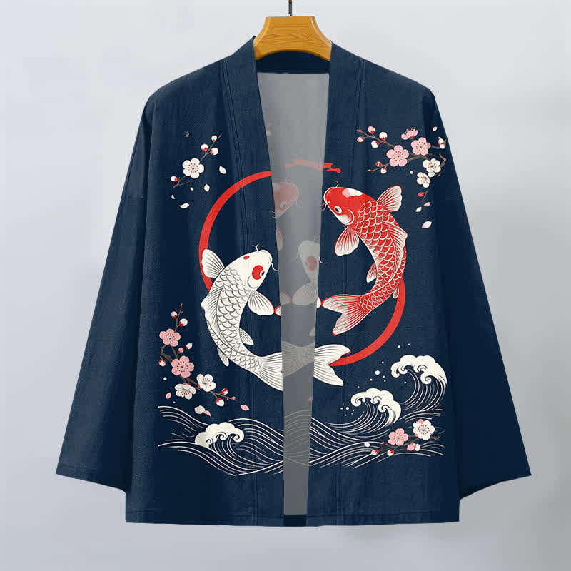 Buddha Stones Kimono pour homme en coton à motif de vagues de sakura et de carpes koï jumelées, ouvert sur le devant - image 1