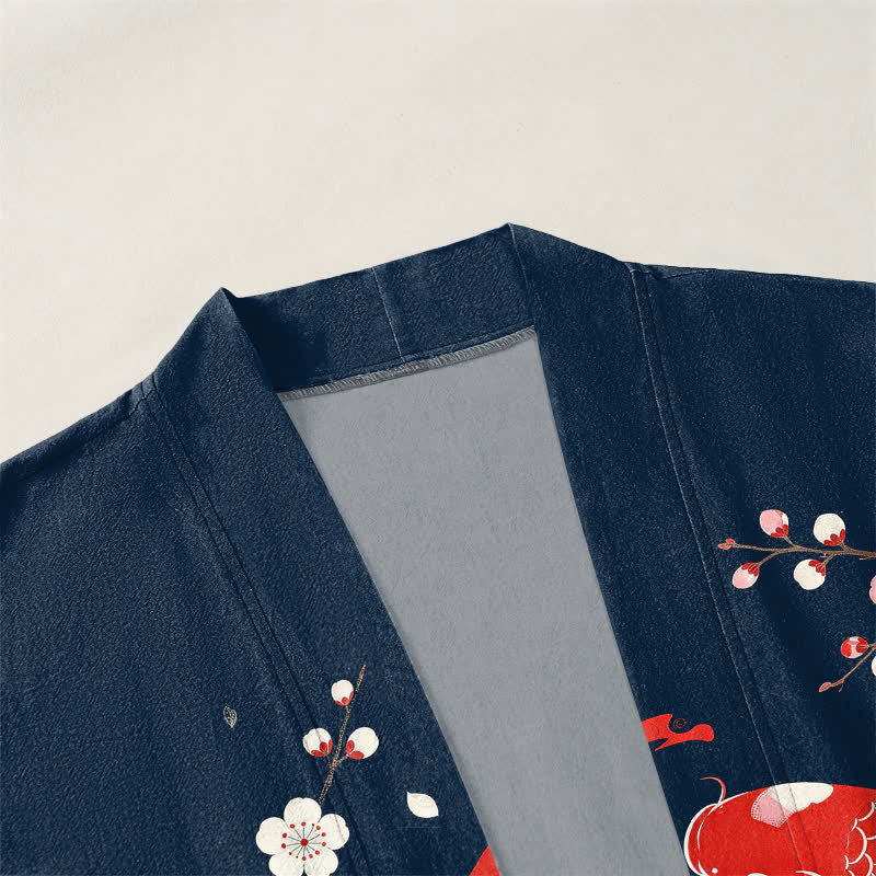 Buddha Stones Kimono pour homme en coton à motif de vagues de sakura et de carpes koï jumelées, ouvert sur le devant - image 3