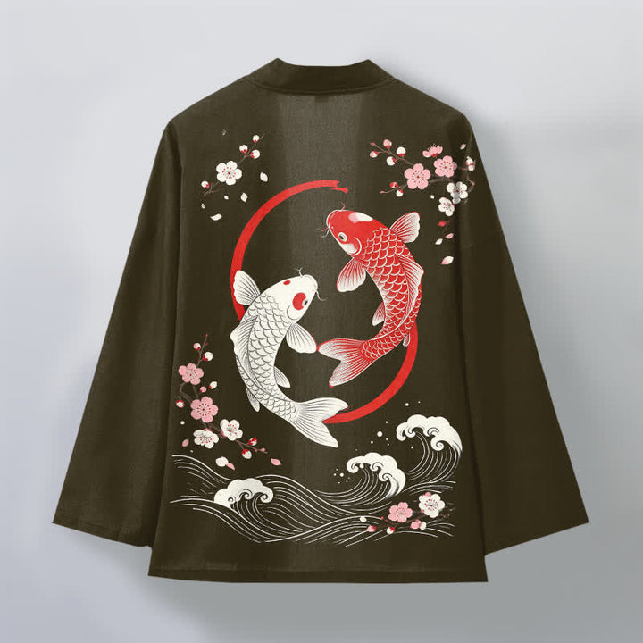 Buddha Stones Kimono pour homme en coton à motif de vagues de sakura et de carpes koï jumelées, ouvert sur le devant - image 8