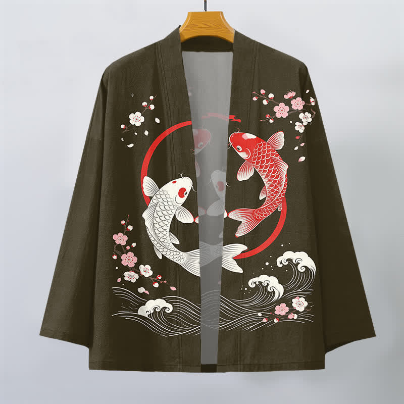 Buddha Stones Kimono pour homme en coton à motif de vagues de sakura et de carpes koï jumelées, ouvert sur le devant - image 7
