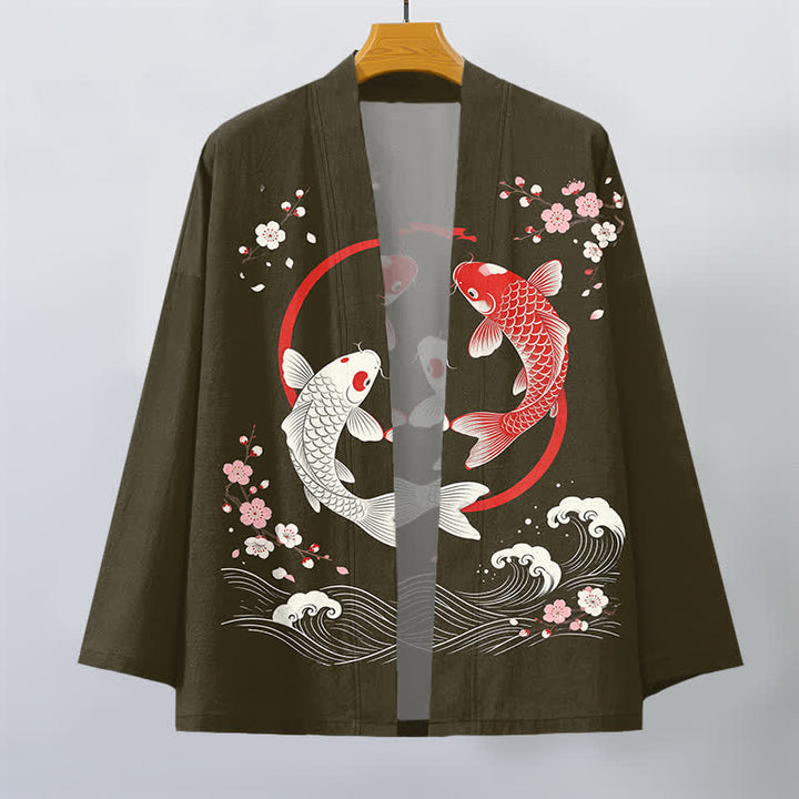 Buddha Stones Kimono pour homme en coton à motif de vagues de sakura et de carpes koï jumelées, ouvert sur le devant - image 7
