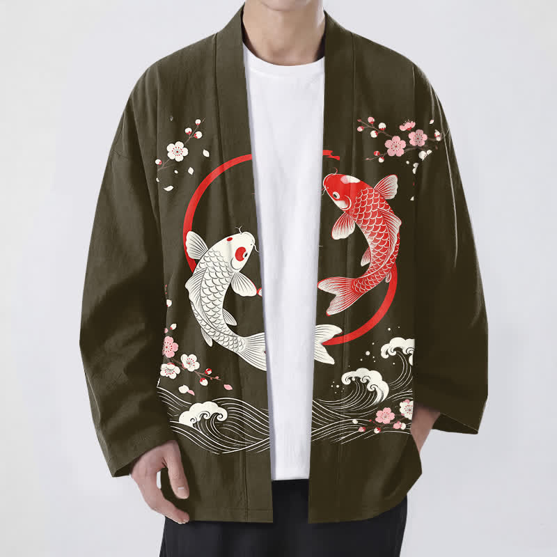 Buddha Stones Kimono pour homme en coton à motif de vagues de sakura et de carpes koï jumelées, ouvert sur le devant - Olive - US/UK/AU48，EU58 (4XL) - image 6