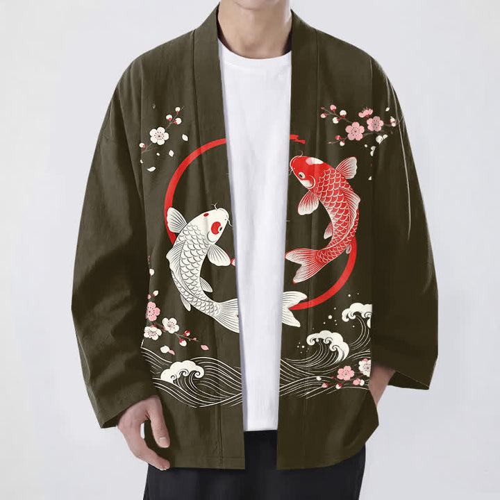 Buddha Stones Kimono pour homme en coton à motif de vagues de sakura et de carpes koï jumelées, ouvert sur le devant - Olive - US/UK/AU48，EU58 (4XL) - image 6