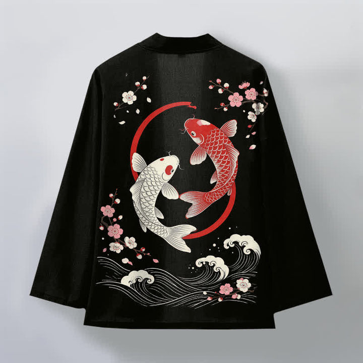 Buddha Stones Kimono pour homme en coton à motif de vagues de sakura et de carpes koï jumelées, ouvert sur le devant - image 11