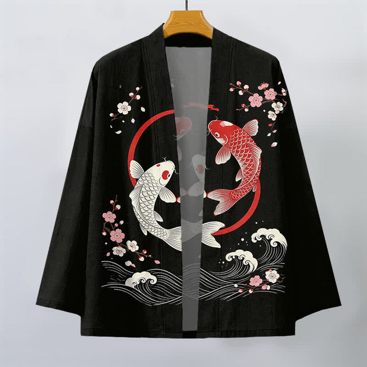 Buddha Stones Kimono pour homme en coton à motif de vagues de sakura et de carpes koï jumelées, ouvert sur le devant - image 10