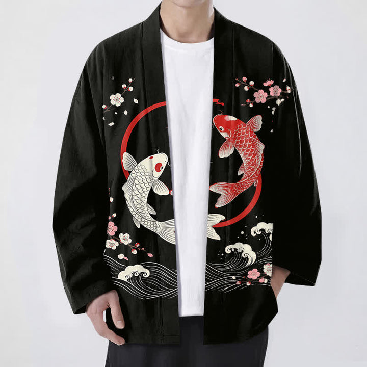 Buddha Stones Kimono pour homme en coton à motif de vagues de sakura et de carpes koï jumelées, ouvert sur le devant - Noir - US/UK/AU48，EU58 (4XL) - image 9