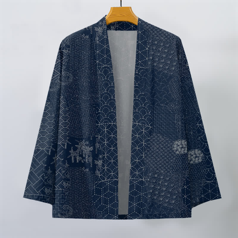 Buddha Stones Kimono pour homme en coton à motif Seigaiha Asanoha, ouvert sur le devant. - image 1