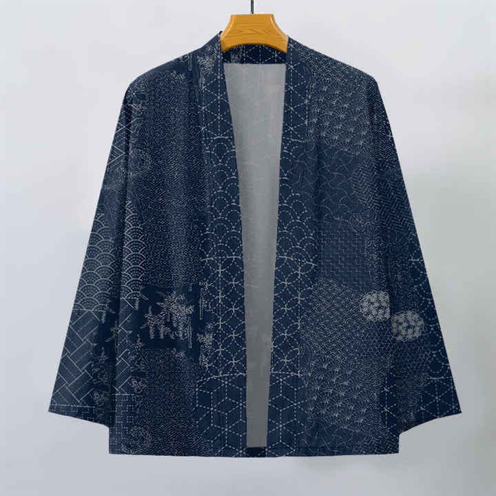 Buddha Stones Kimono pour homme en coton à motif Seigaiha Asanoha, ouvert sur le devant. - image 1