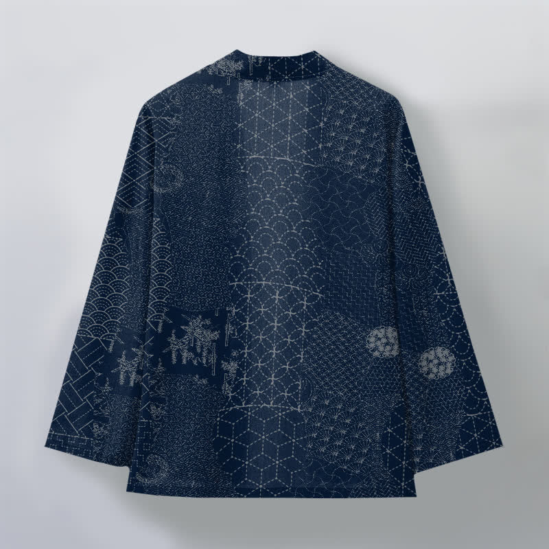 Buddha Stones Kimono pour homme en coton à motif Seigaiha Asanoha, ouvert sur le devant. - image 2