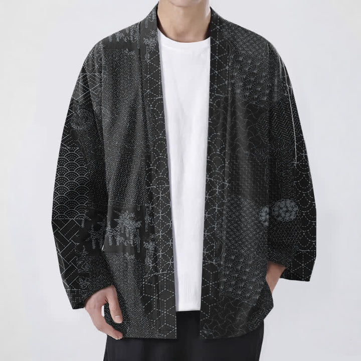 Buddha Stones Kimono pour homme en coton à motif Seigaiha Asanoha, ouvert sur le devant. - Noir - US/UK/AU48，EU58 (4XL) - image 6