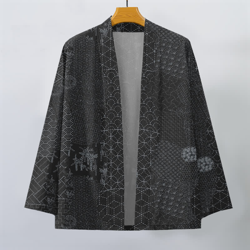 Buddha Stones Kimono pour homme en coton à motif Seigaiha Asanoha, ouvert sur le devant. - image 7