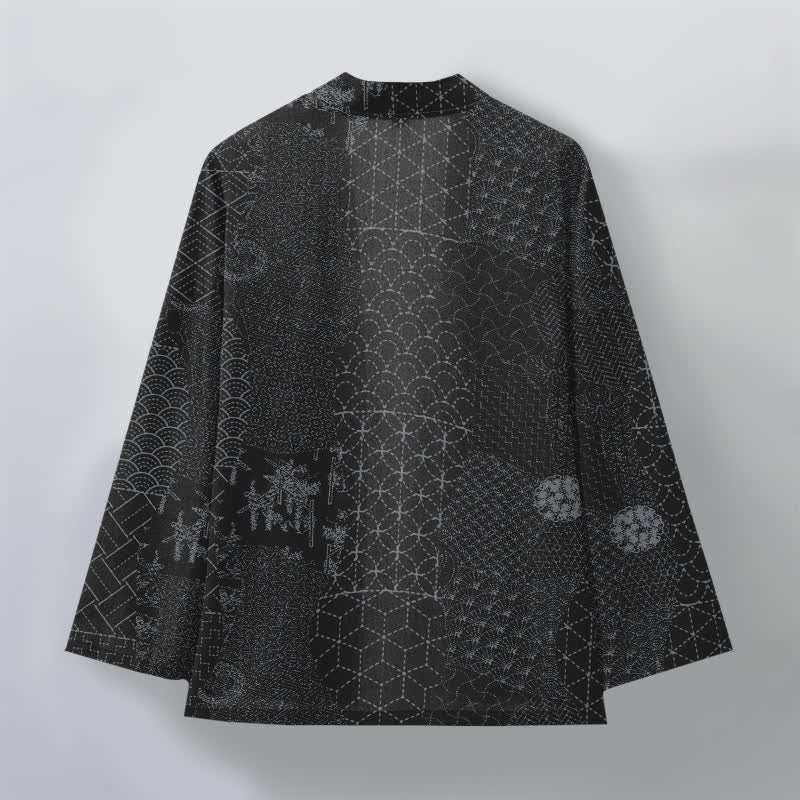 Buddha Stones Kimono pour homme en coton à motif Seigaiha Asanoha, ouvert sur le devant. - image 8
