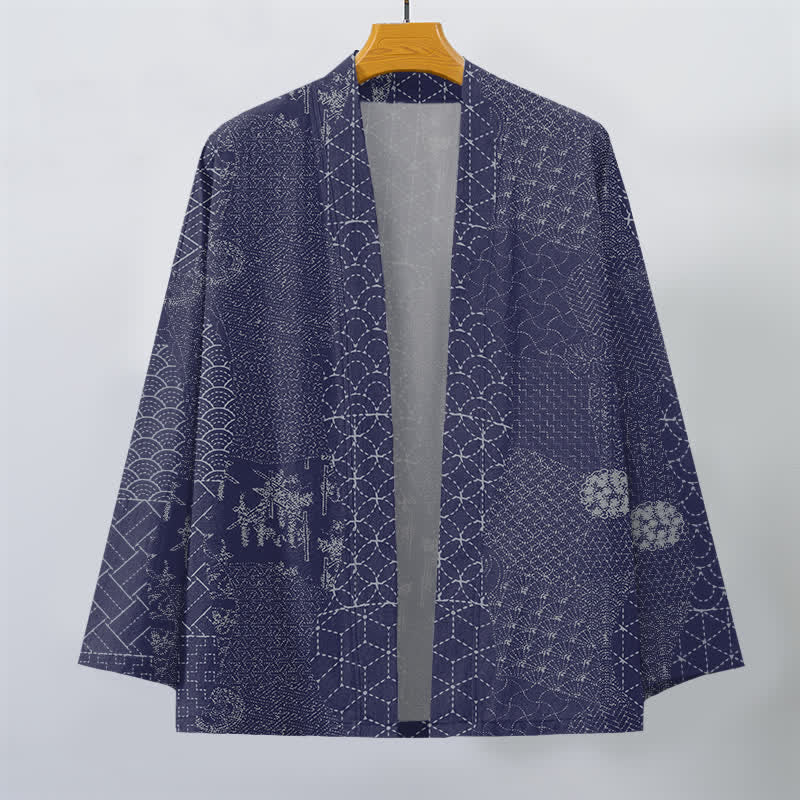 Buddha Stones Kimono pour homme en coton à motif Seigaiha Asanoha, ouvert sur le devant. - image 10