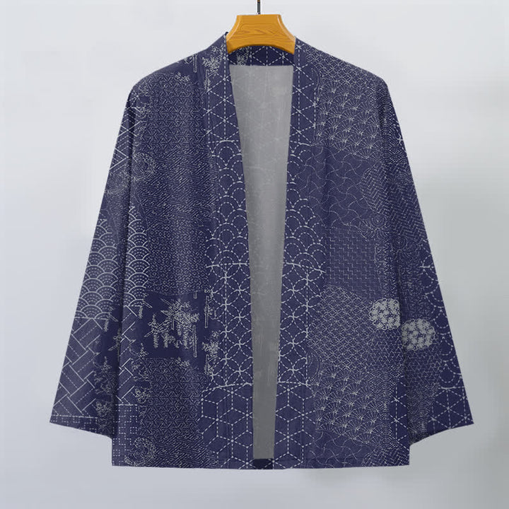 Buddha Stones Kimono pour homme en coton à motif Seigaiha Asanoha, ouvert sur le devant. - image 10