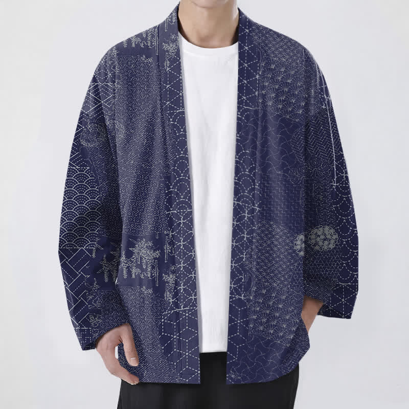 Buddha Stones Kimono pour homme en coton à motif Seigaiha Asanoha, ouvert sur le devant. - Bleu ardoise foncé - US/UK/AU48，EU58 (4XL) - image 9