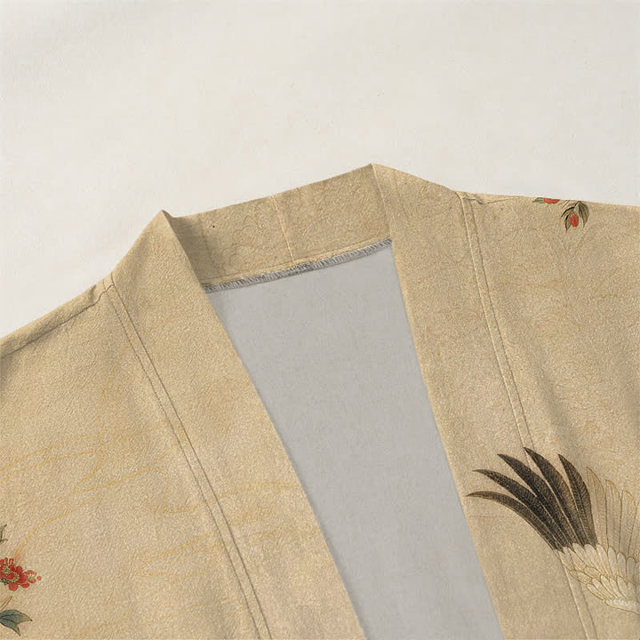 Buddha Stones Kimono pour homme en coton blanc à motif floral et vagues de grues, ouvert sur le devant - image 3