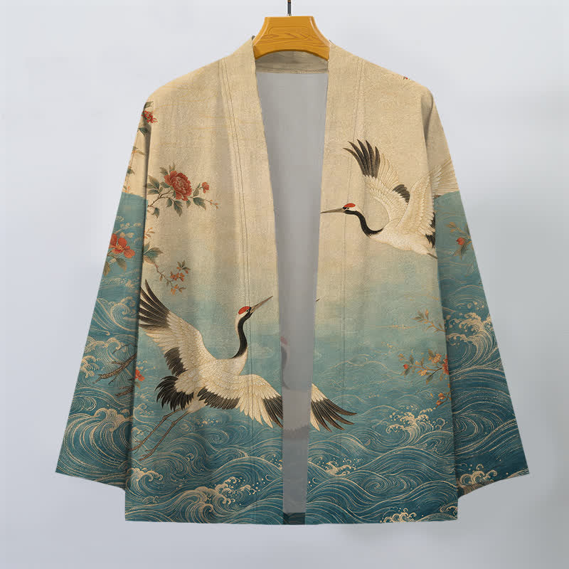 Buddha Stones Kimono pour homme en coton blanc à motif floral et vagues de grues, ouvert sur le devant - image 1