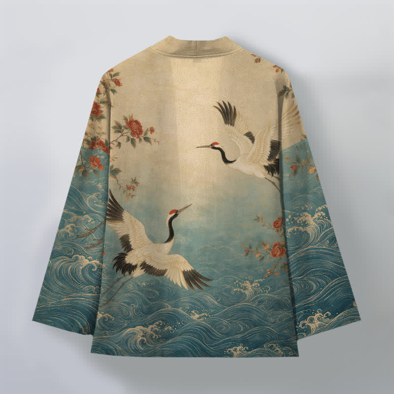 Buddha Stones Kimono pour homme en coton blanc à motif floral et vagues de grues, ouvert sur le devant - image 2