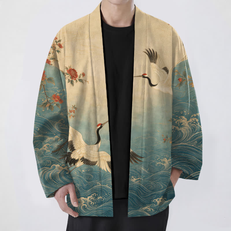 Buddha Stones Kimono pour homme en coton blanc à motif floral et vagues de grues, ouvert sur le devant - Sarcelle - US/UK/AU48，EU58 (4XL) - image 0