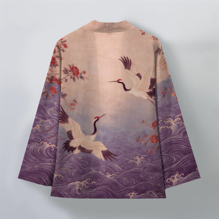 Buddha Stones Kimono pour homme en coton blanc à motif floral et vagues de grues, ouvert sur le devant - image 8
