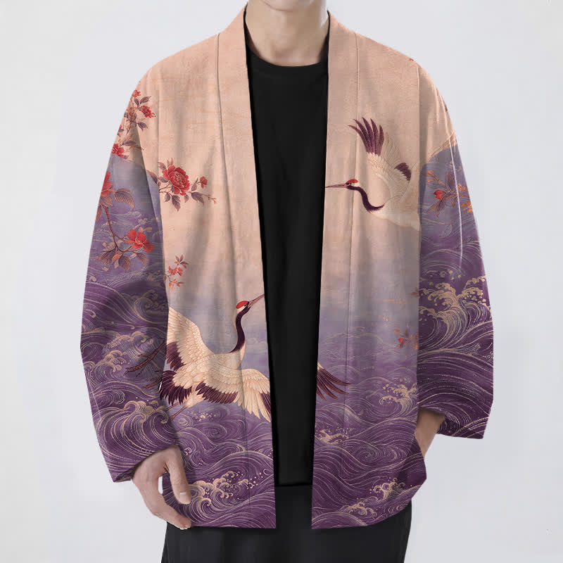 Buddha Stones Kimono pour homme en coton blanc à motif floral et vagues de grues, ouvert sur le devant - Violet moyen - US/UK/AU48，EU58 (4XL) - image 6