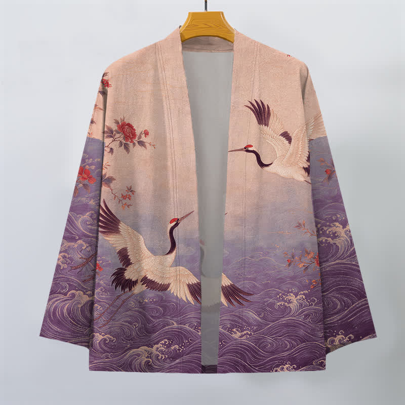 Buddha Stones Kimono pour homme en coton blanc à motif floral et vagues de grues, ouvert sur le devant - image 7
