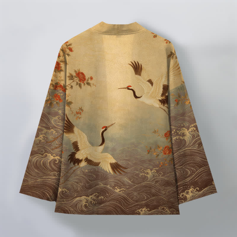 Buddha Stones Kimono pour homme en coton blanc à motif floral et vagues de grues, ouvert sur le devant - image 11