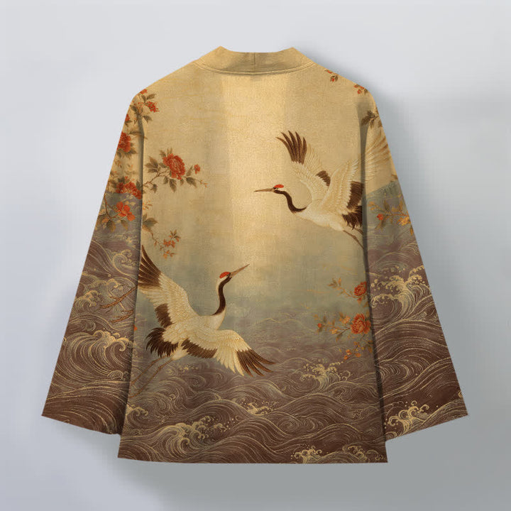 Buddha Stones Kimono pour homme en coton blanc à motif floral et vagues de grues, ouvert sur le devant - image 11