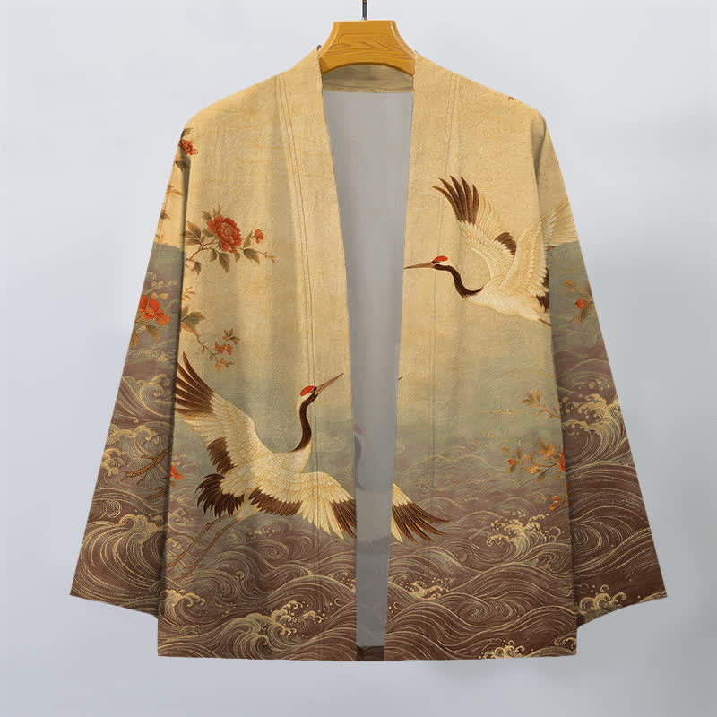 Buddha Stones Kimono pour homme en coton blanc à motif floral et vagues de grues, ouvert sur le devant - image 10