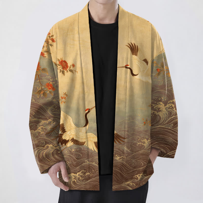 Buddha Stones Kimono pour homme en coton blanc à motif floral et vagues de grues, ouvert sur le devant - DarkGoldenrod - US/UK/AU48，EU58 (4XL) - image 9