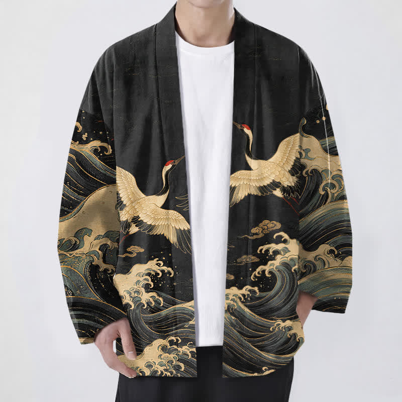 Buddha Stones Kimono pour homme en coton à motif de grues dorées et de vagues ondulantes, ouvert sur le devant - Noir - US/UK/AU48，EU58 (4XL) - image 0