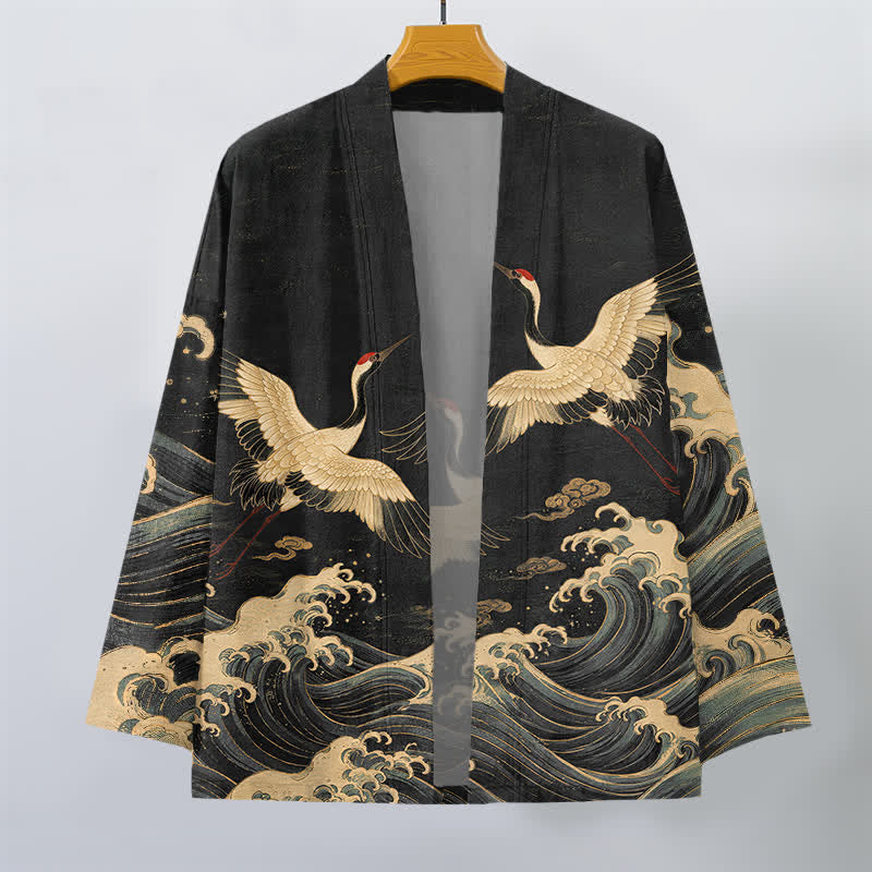 Buddha Stones Kimono pour homme en coton à motif de grues dorées et de vagues ondulantes, ouvert sur le devant - image 1
