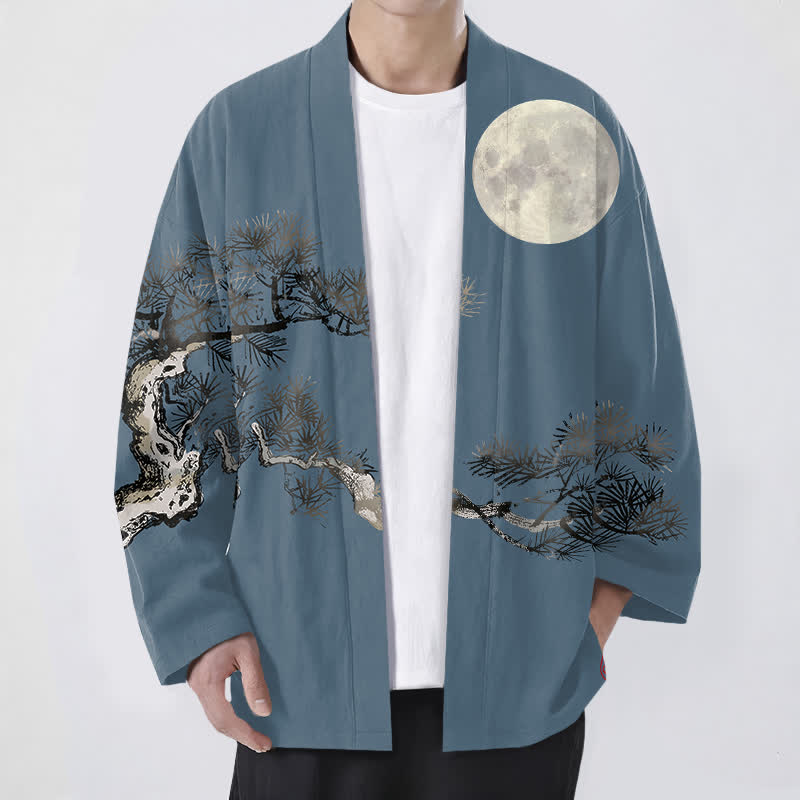 Buddha Stones Kimono pour homme en coton à motif de pleine lune et de pin, ouvert sur le devant - SteelBlue - US/UK/AU48，EU58 (4XL) - image 0