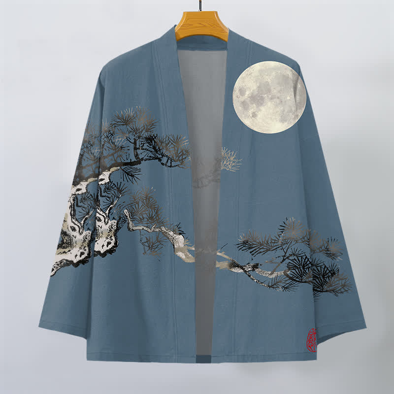 Buddha Stones Kimono pour homme en coton à motif de pleine lune et de pin, ouvert sur le devant - image 1