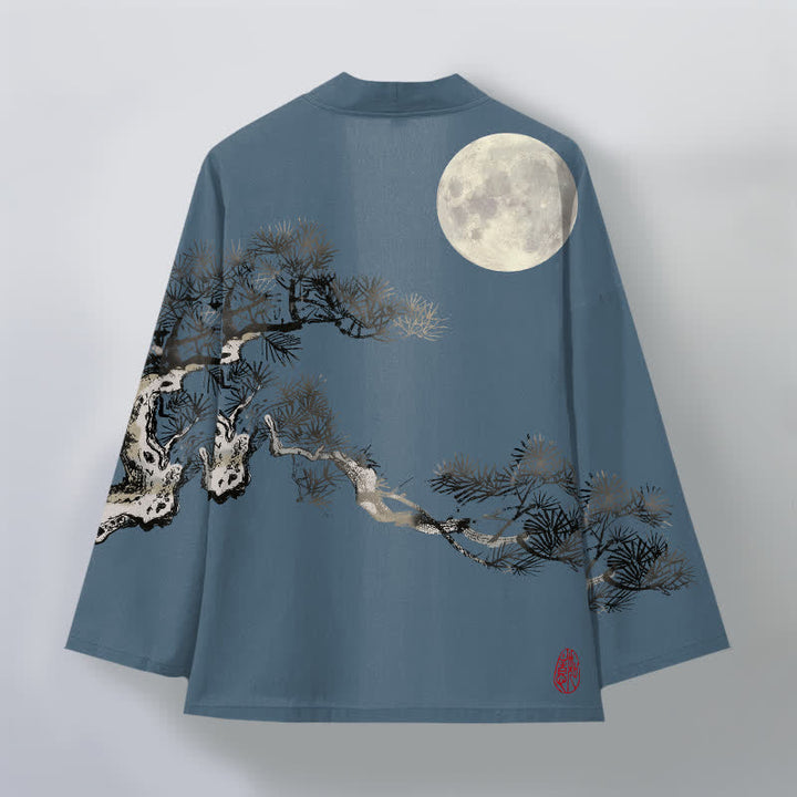 Buddha Stones Kimono pour homme en coton à motif de pleine lune et de pin, ouvert sur le devant - image 2