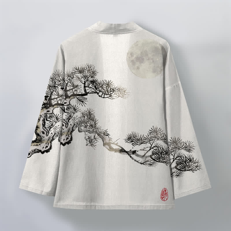 Buddha Stones Kimono pour homme en coton à motif de pleine lune et de pin, ouvert sur le devant - image 8