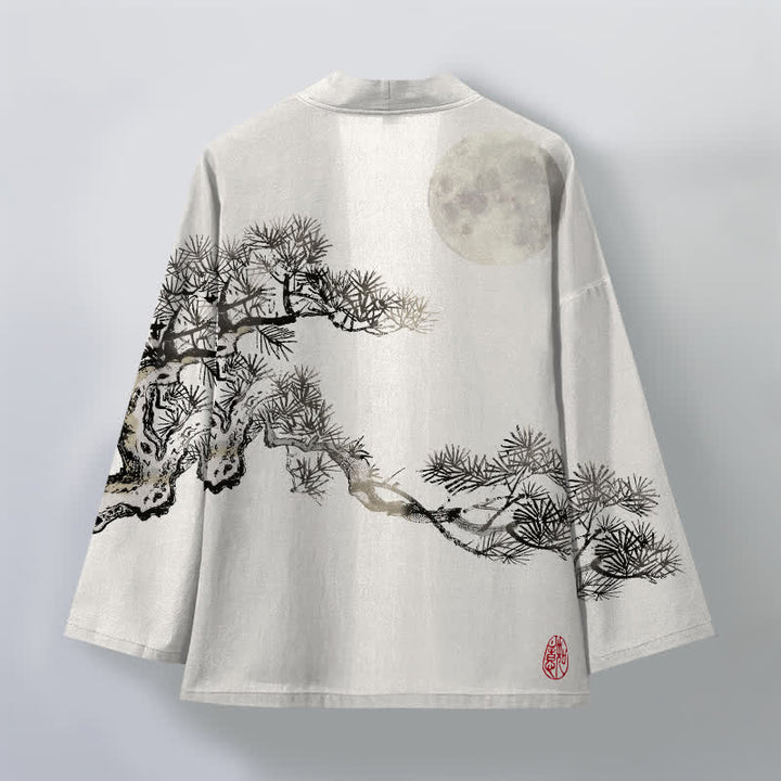 Buddha Stones Kimono pour homme en coton à motif de pleine lune et de pin, ouvert sur le devant - image 8