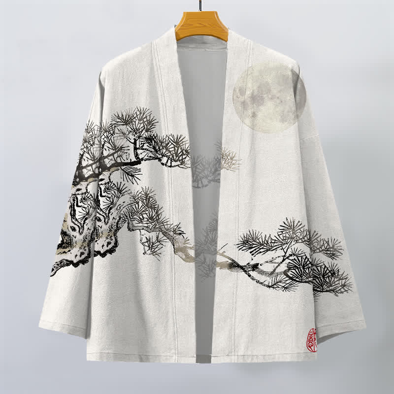 Buddha Stones Kimono pour homme en coton à motif de pleine lune et de pin, ouvert sur le devant - image 7