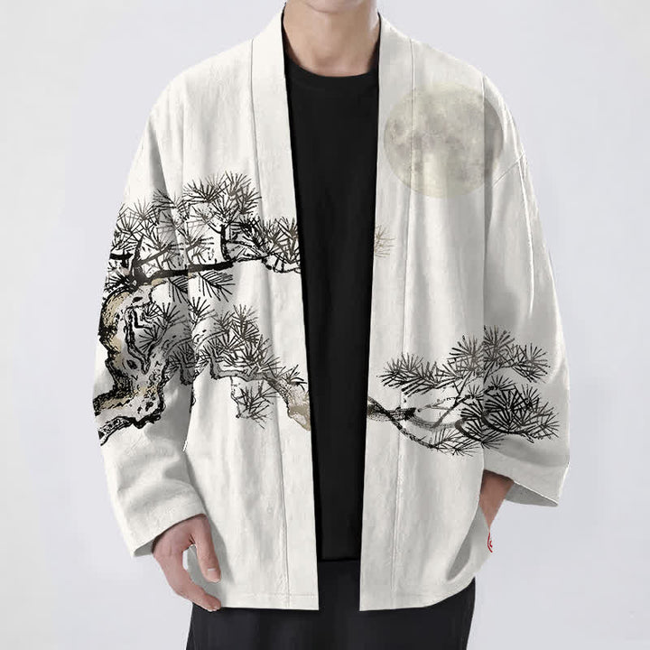 Buddha Stones Kimono pour homme en coton à motif de pleine lune et de pin, ouvert sur le devant - Ivoire - US/UK/AU48，EU58 (4XL) - image 6