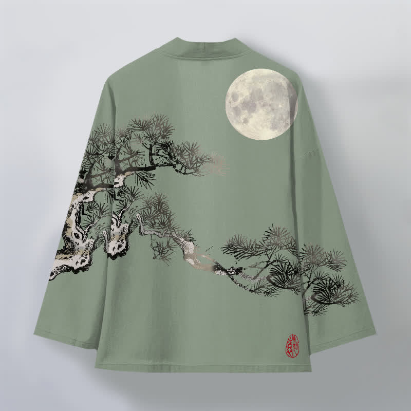Buddha Stones Kimono pour homme en coton à motif de pleine lune et de pin, ouvert sur le devant - image 11