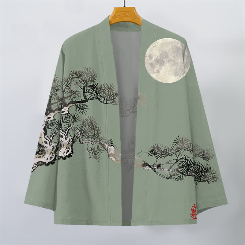 Buddha Stones Kimono pour homme en coton à motif de pleine lune et de pin, ouvert sur le devant - image 10