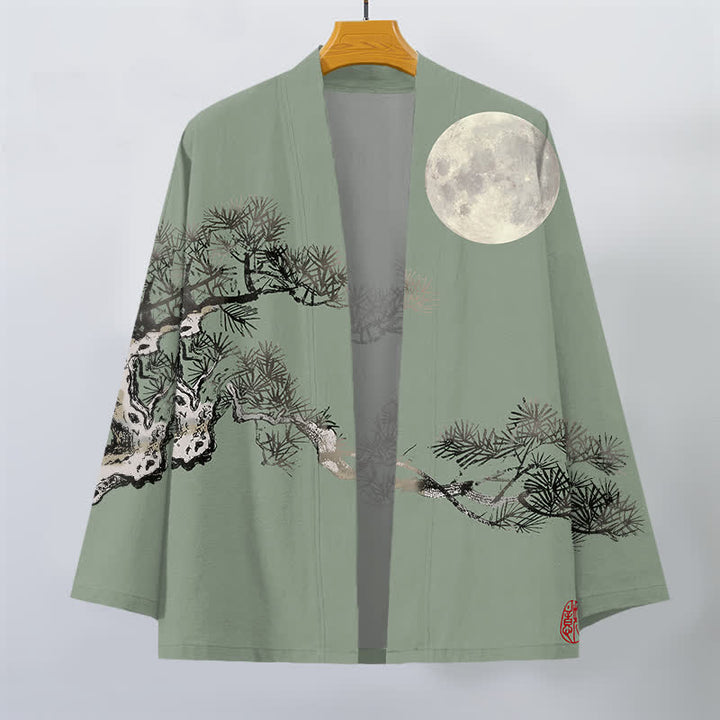 Buddha Stones Kimono pour homme en coton à motif de pleine lune et de pin, ouvert sur le devant - image 10