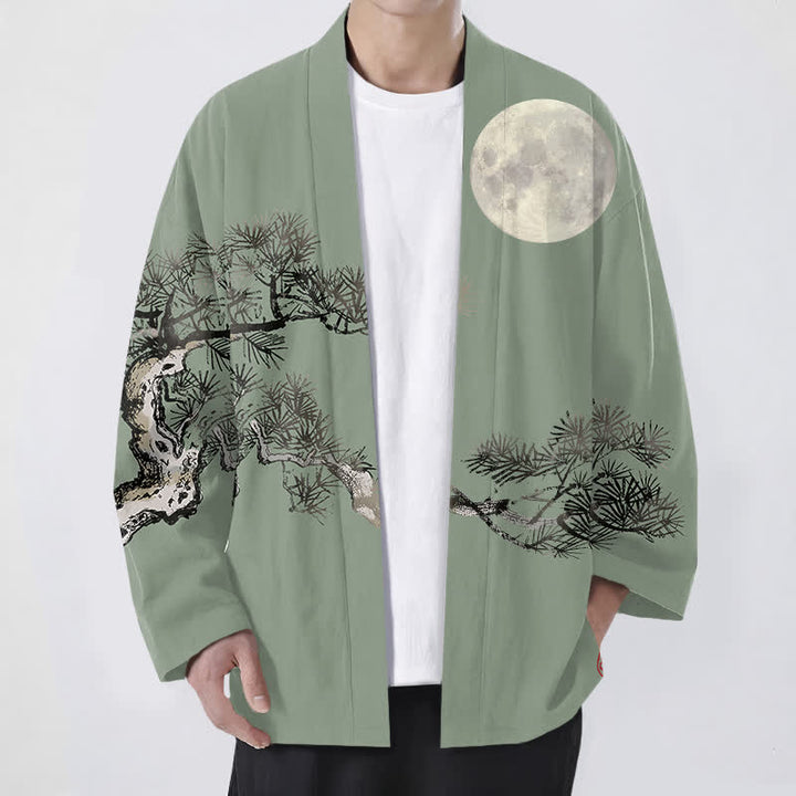 Buddha Stones Kimono pour homme en coton à motif de pleine lune et de pin, ouvert sur le devant - Vert foncé - US/UK/AU48，EU58 (4XL) - image 9