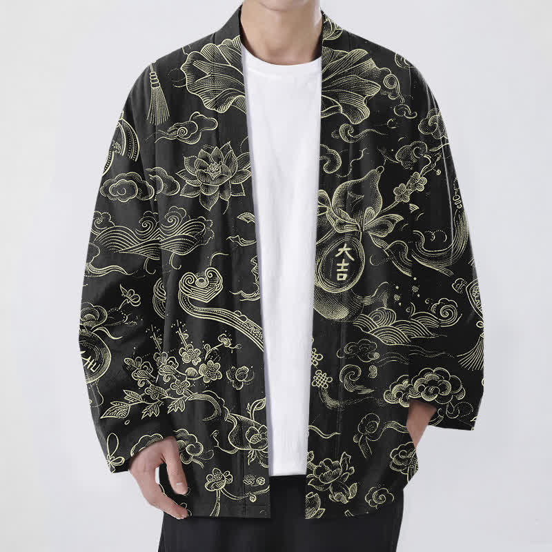 Buddha Stones Kimono pour homme en coton à motif de nuages ​​et de lotus, ouvert sur le devant - Noir - US/UK/AU48，EU58 (4XL) - image 0