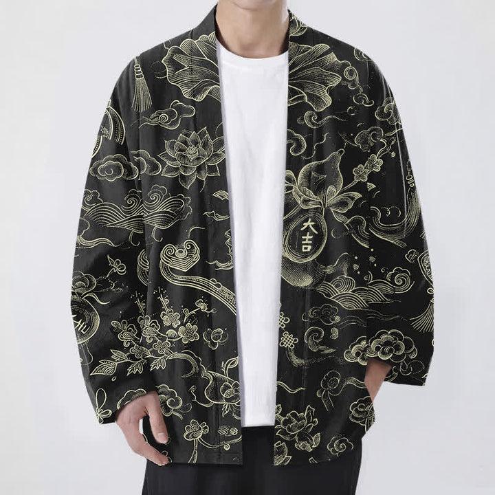 Buddha Stones Kimono pour homme en coton à motif de nuages ​​et de lotus, ouvert sur le devant - Noir - US/UK/AU48，EU58 (4XL) - image 0